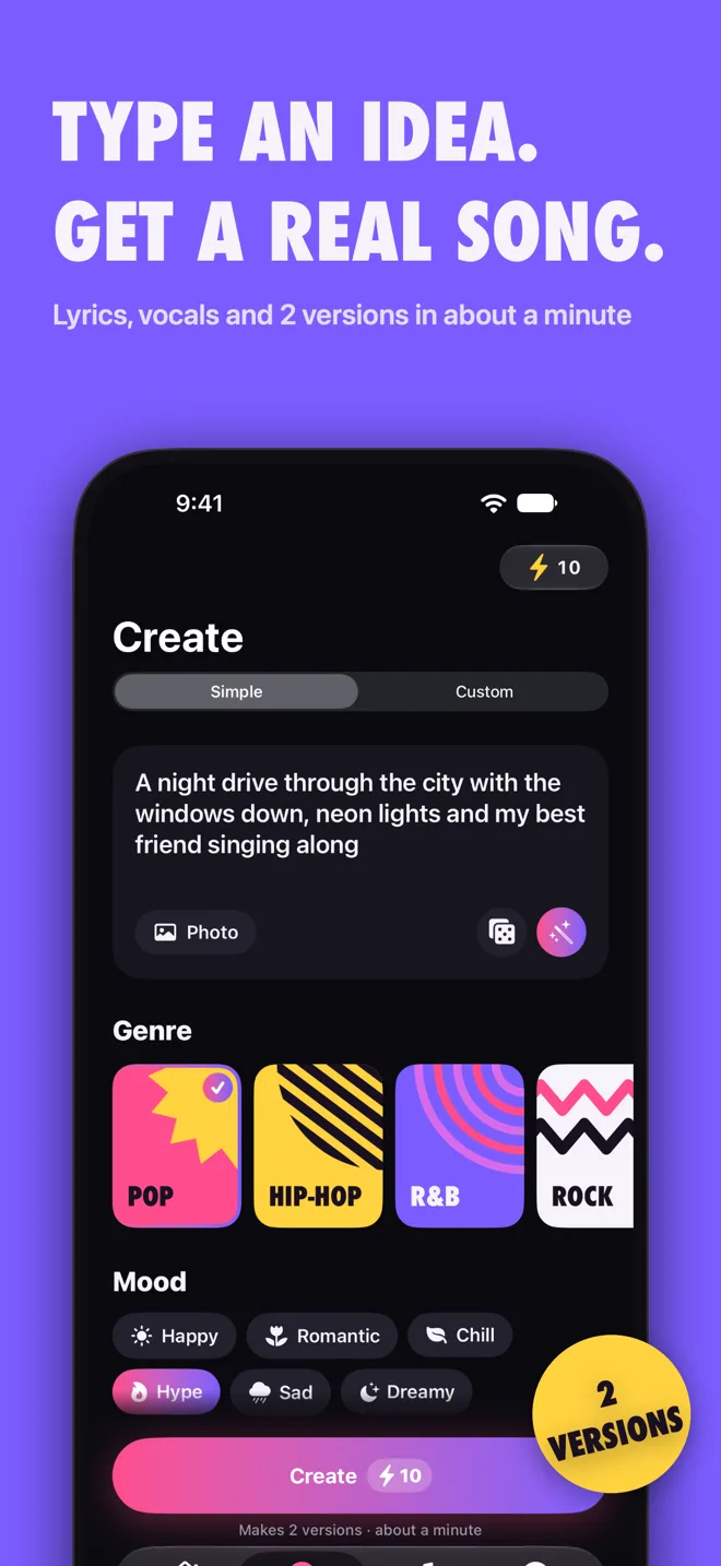 Type an idea. Get a real song.